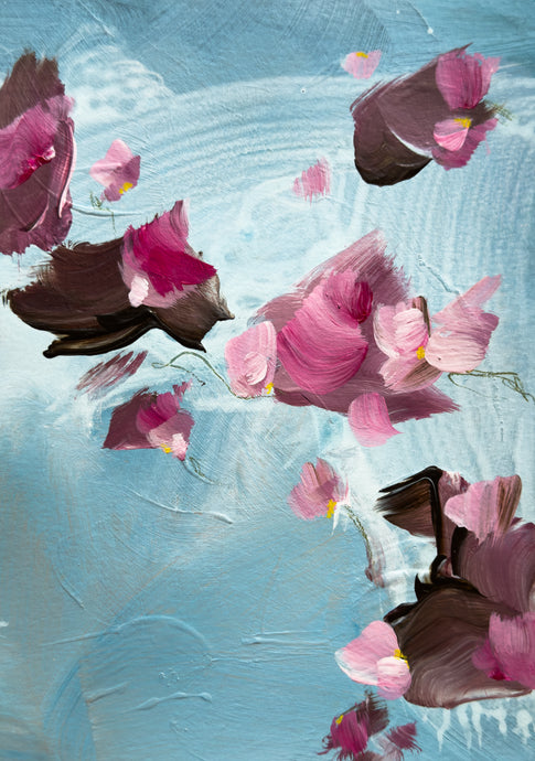 Original abstract floral painting on paper with soft pink and plum blossoms inspired by Akebia quinata, set against a light blue background.