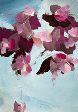 Load image into Gallery viewer, Original abstract floral painting on paper featuring pink and plum blossoms on a light blue background, unframed acrylic artwork.
