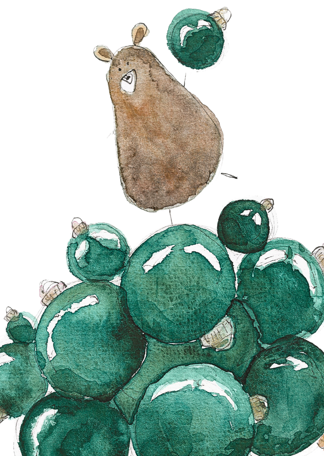 Teddy on a green christmas ornament balls