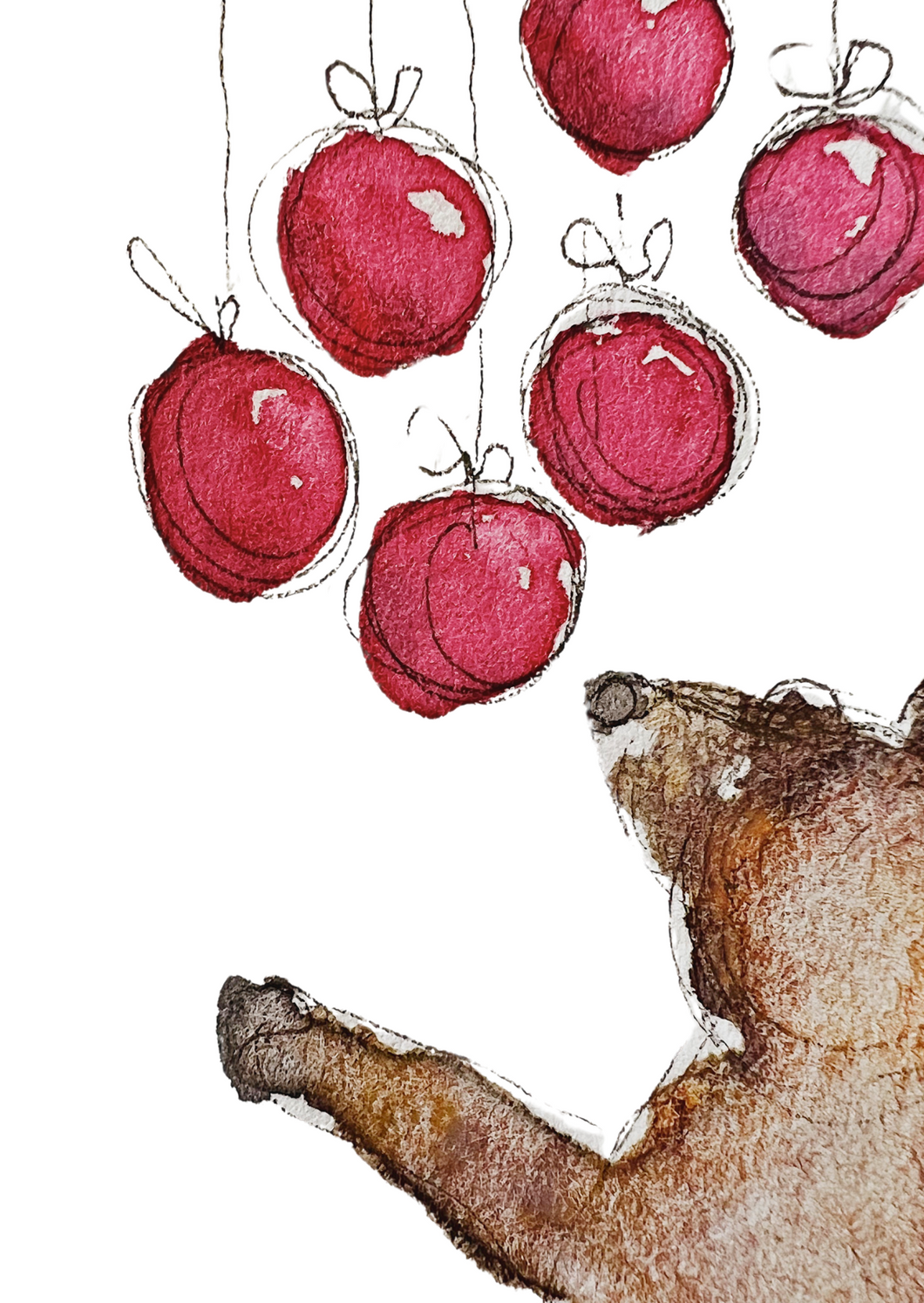 teddy touching red christmas ornaments
