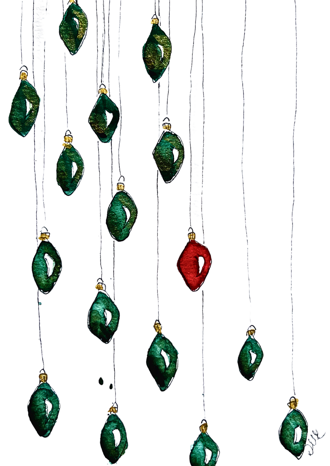 Seasonal Christmas Card - Green Baubles Green Mini Drops